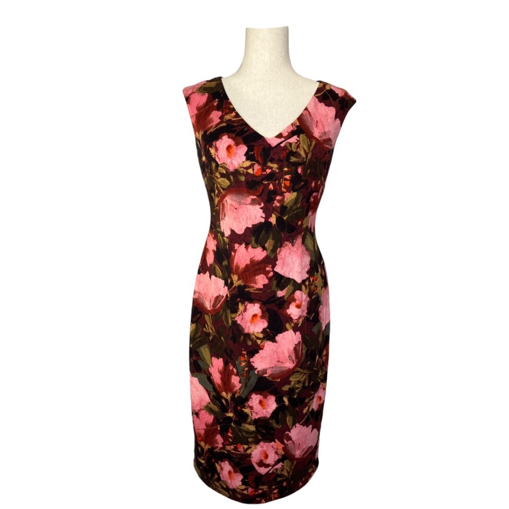 Maggy London Wiggle Dress Deep V Neckline Rich Pink Coral Burgundy Floral Size 8